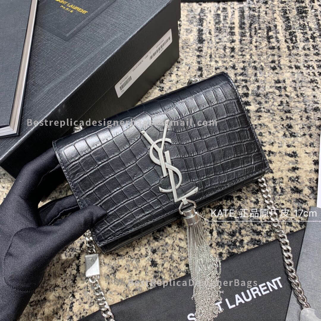 Saint Laurent Kate Box With Tassel In Embossed Crocodile Shiny Leather Black SHW 354120